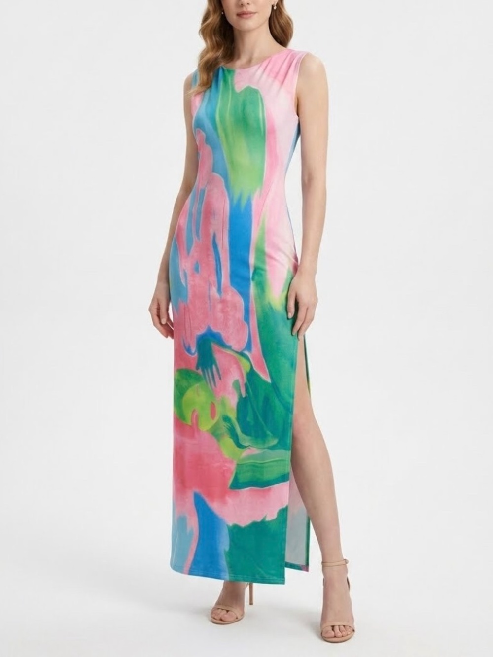 COMMENSE NWT Monet Garden Print open back Maxi Dress Pink Blue Green Sz XL